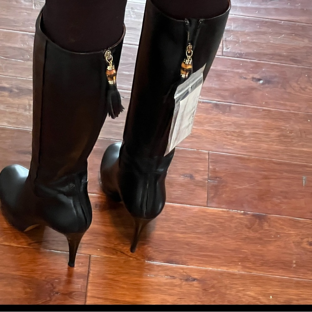 Gucci Knee High Tassel Boot EU 37 US 7Black Leather High Heel Platform - Picture 7 of 16